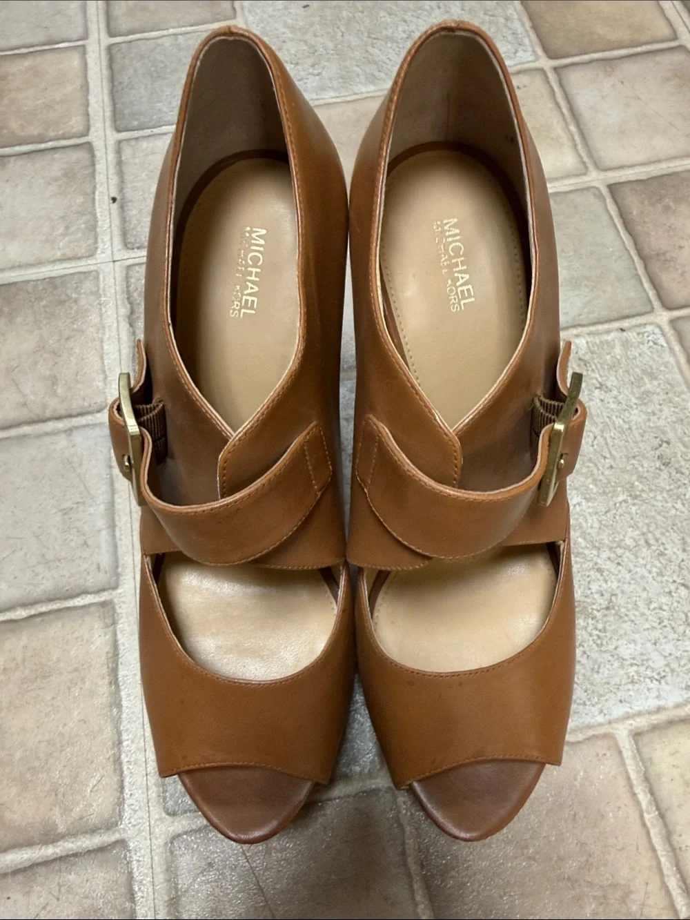 Michael Kors Cognac Leather Peep-Toe Heels with Buckle Detail